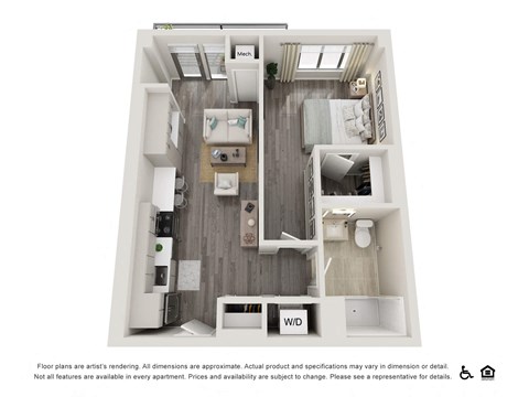 Floor plan for 1 bed, 1 bath, 650 sqft